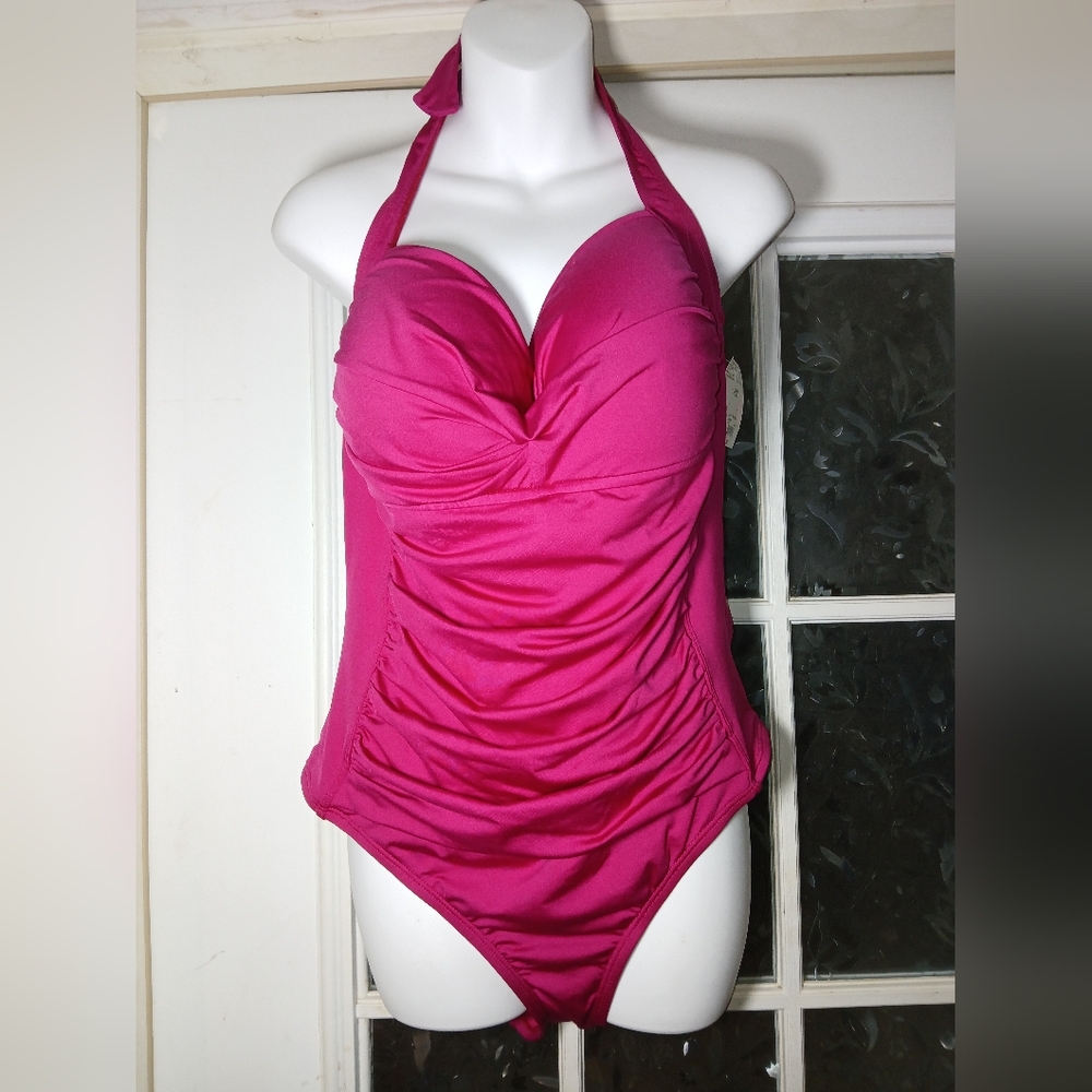 Liz Claiborne 16W Slimming One Piece Halter Top Swimming Suit Cranberry Pink